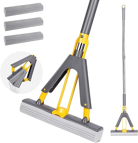 MASTERTOP PVA - Mopa de esponja para limpieza de suelos, mopa de esponja autoexprimible con 3 cabezales de esponja, mopa de esponja para el hogar,