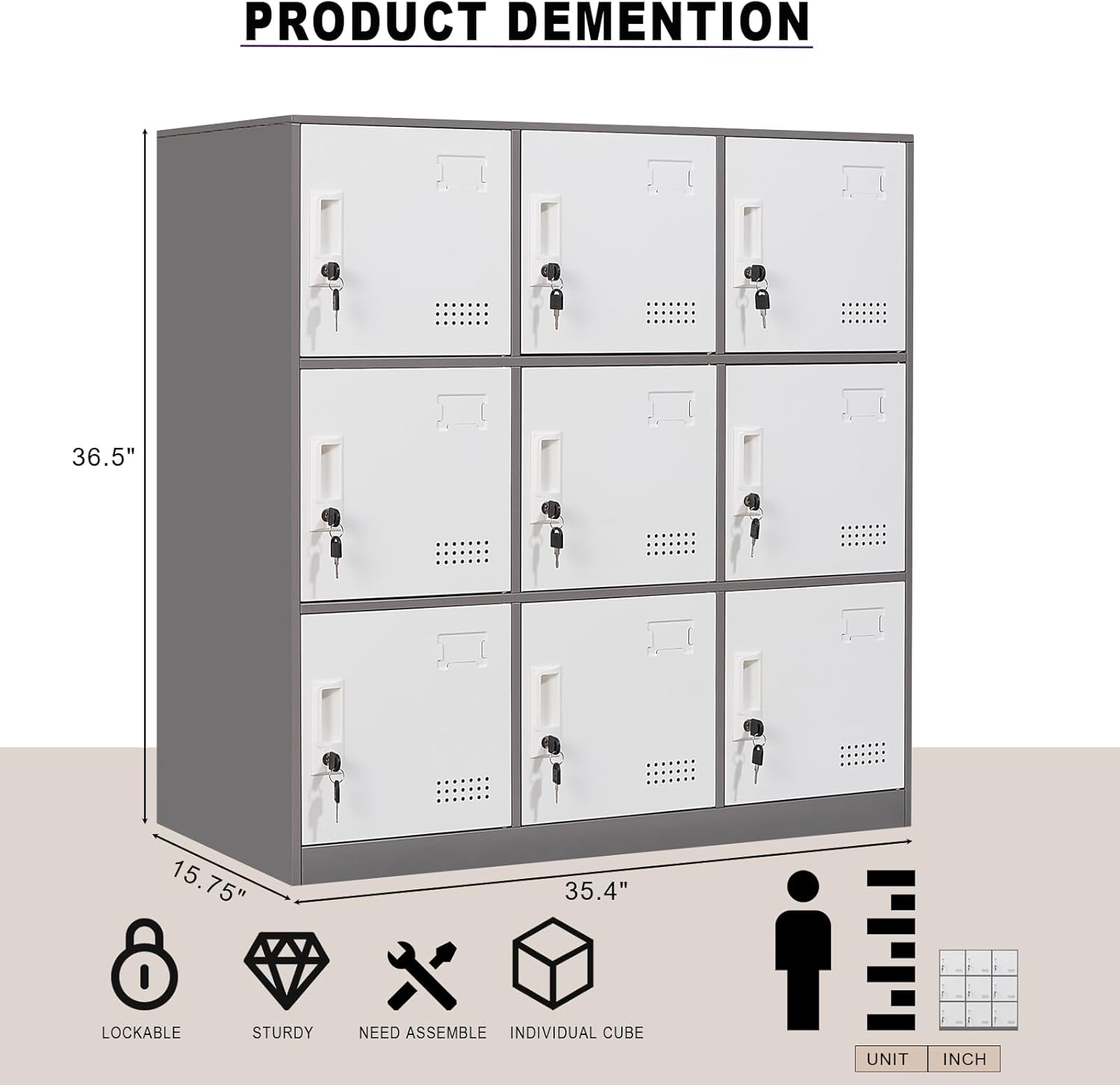 Student Locker Organizer, Multi-Door Steel Locker, Small Locking Cabinet Storage Organizer, Office File Cabinet, Home Locker, Gym Locker, Metal Storage Locker (9 Door, Grey & White)