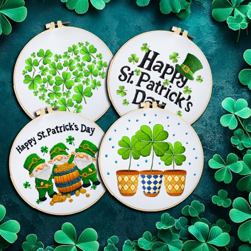 Image of BEUNITONE 4 Set Lucky Clover Pattern Embroidery Kit for Adult Beginners | DIY Complete Needlepoint Kits for Adults, Cross Stitch Starter Kit with Hoops, Handmade Gifts for Fabric Home Decor 20x20cm