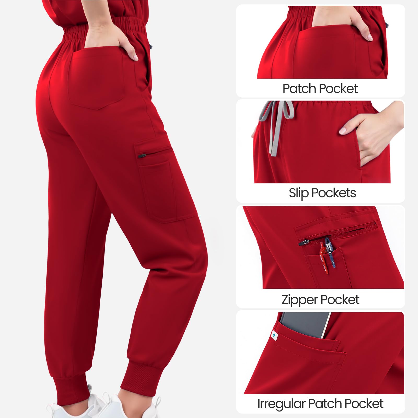 Set di scrub da donna, con colletto e pantaloni da lavoro a gamba dritta, con tasche multiple