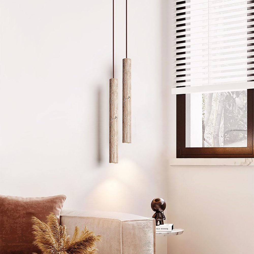 Jadssox Holz Stein Pendelleuchte Küche Insel Hängelampe Wabi Sabi Stil Nachttischleuchte, Lange Rohr Decke hängende Lampen G9 Droplight mit natürlichem Travertinschirm