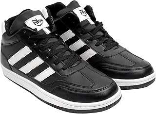 حذاء رياضي برقبة عالية للرجال HD1، حذاء كلاسيكي بخطوط بلون أسود وأبيض مع نعل خارجي مطاطي، من ناو شوز