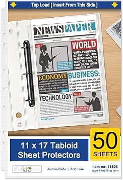 11x17 Sheet Protectors Tabloid Portrait View, Heavy Duty 100 Micron Acid Free Archival Polypropylene, Top Loading on 11" Side, 3-Hole, Ship Flat 100%, 50 Sheets 2 Packs by Keepfiling
