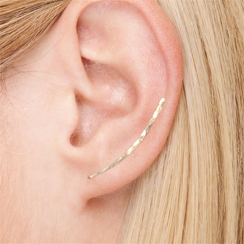 Miniatura 3 de 14K Gold Filled Hammered Pair of Ear Climber Earrings, Ear Crawlers, Long Curved Clip On Pins, Piercing Earrings, Charm Handmade Hammered Gold