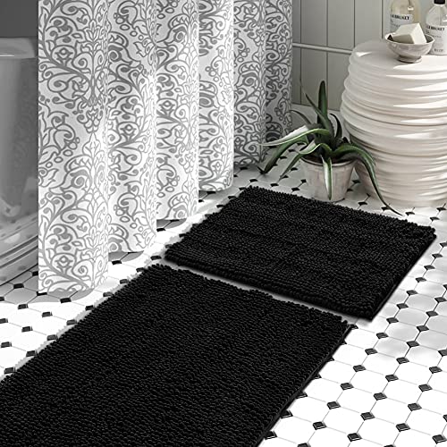 JOTOM Badezimmer Vorleger 2-teiliges Badteppich Set Weich rutschfest Badematten Chenille Saugfähiger Shaggy Badezimmerteppich für Bad, Wanne und Dusche (Schwarz) Cover