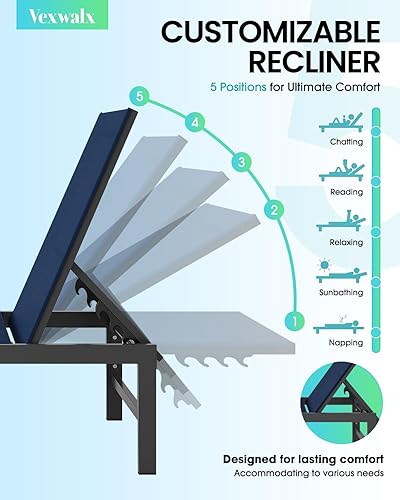 Miniatura 4 de Juego de 2 sillas de salón al aire libre para piscina, tumbonas de aluminio con sillón reclinable de 5 posiciones, silla de patio para patio