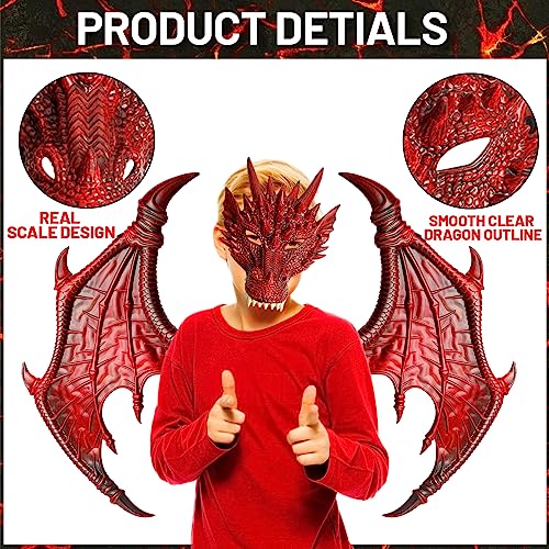 Hyperfun Dragon Wings Costume For Kids Dinosaur Tail Mask Set, Cool Halloween Costume Cosplay Dragon Costume Mask For Children Boys (Flame Red) #TOP4