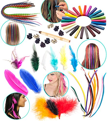 Set Of Colorful Feather Hair Extensions With Applicator Tools Rings Hook And Wash Out Dye Hair Chalk Pastels In 24 Colors For Hair Styling #TOP26