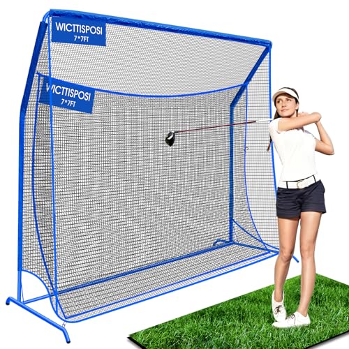Golf Net with Extra Striking Net, 7x7ft Heavy Duty Golf Hitting Practice Net for Backyard Driving Range Swing, Metal Frame with Elevated Base for Indoor Outdoor Use, Gifts for Men Dad Him and Golfer