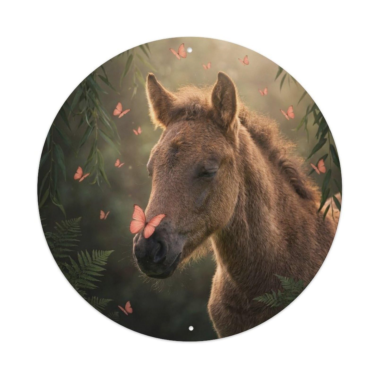 Horse Foal Cute Farm Animal Coral Butterfly Meadow Dreamy Metal Tin Sign Plaque Wall Decor for Cafe, Man Cave, Club Bar, Office, Home Garden Round Metal Poster 8x8Inch