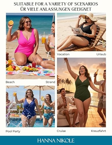 Hanna Nikole Badeanzug Schwarz Damen Große Größen Bauchweg Bademode Einteiler Shape Badeanzüge Push Up Badebekleidung Crossover Monokinis Verstellbarer Schwimmanzug Komfortabel Elegant Strandmode