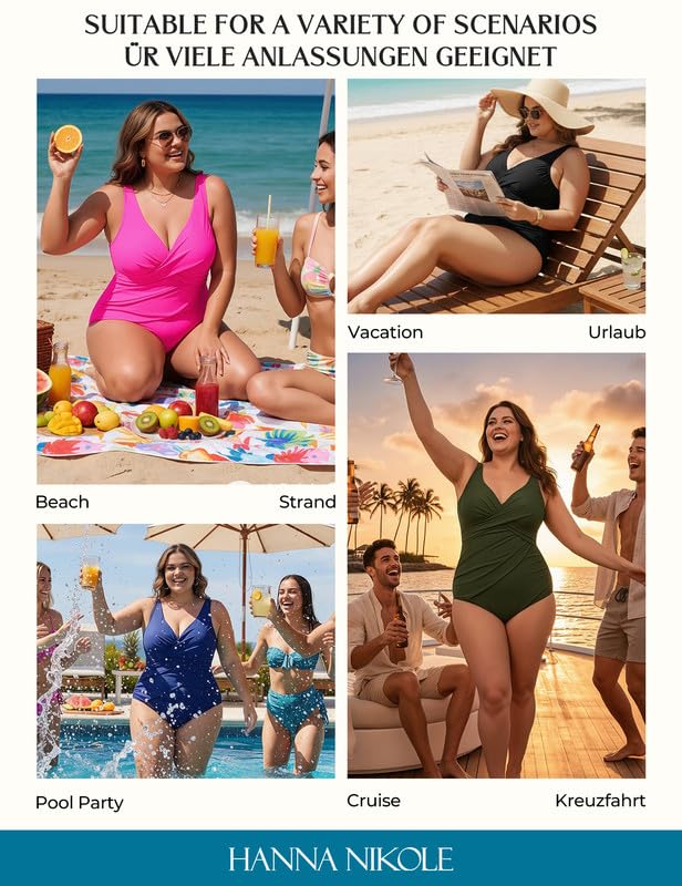Hanna Nikole Badeanzug Damen Bauchweg Große Größen Push Up Bademode Einteiler Shape Badeanzüge Elegant Badebekleidung Crossover Monokinis Verstellbarer Schwimmanzug Komfortabel Strandmode