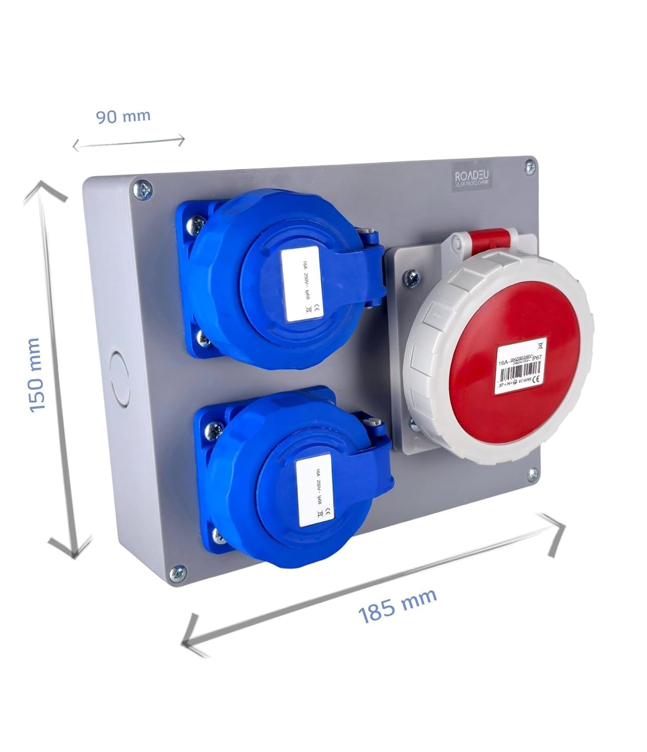 RoadEu – Caja de Distribución IP67 Estanca | 2x Enchufe Schuko 230V + 1x CEE 16A 5P 400V | Cuadro Híbrido Precableado para Obra