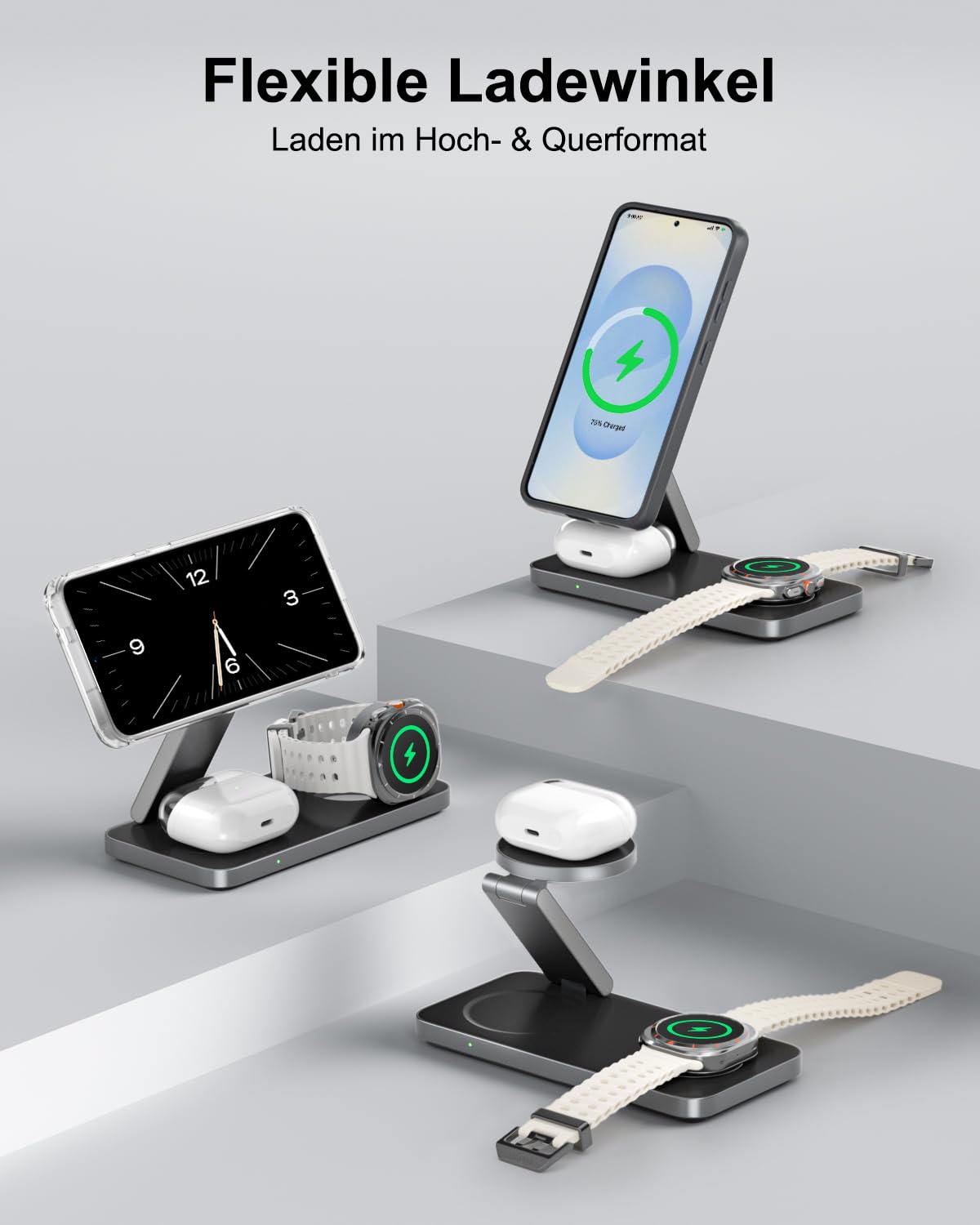 3-in-1-Ladestation 25 W für Samsung, faltbares kabelloses Ladegerät für Galaxy S26/S25/S24/S23/Z Fold/Flip-Serie, Galaxy Watch Ultra/8/7/6/5, Galaxy Buds Pro/3/2, inkl. 35 W Netzteil-Schwarz
