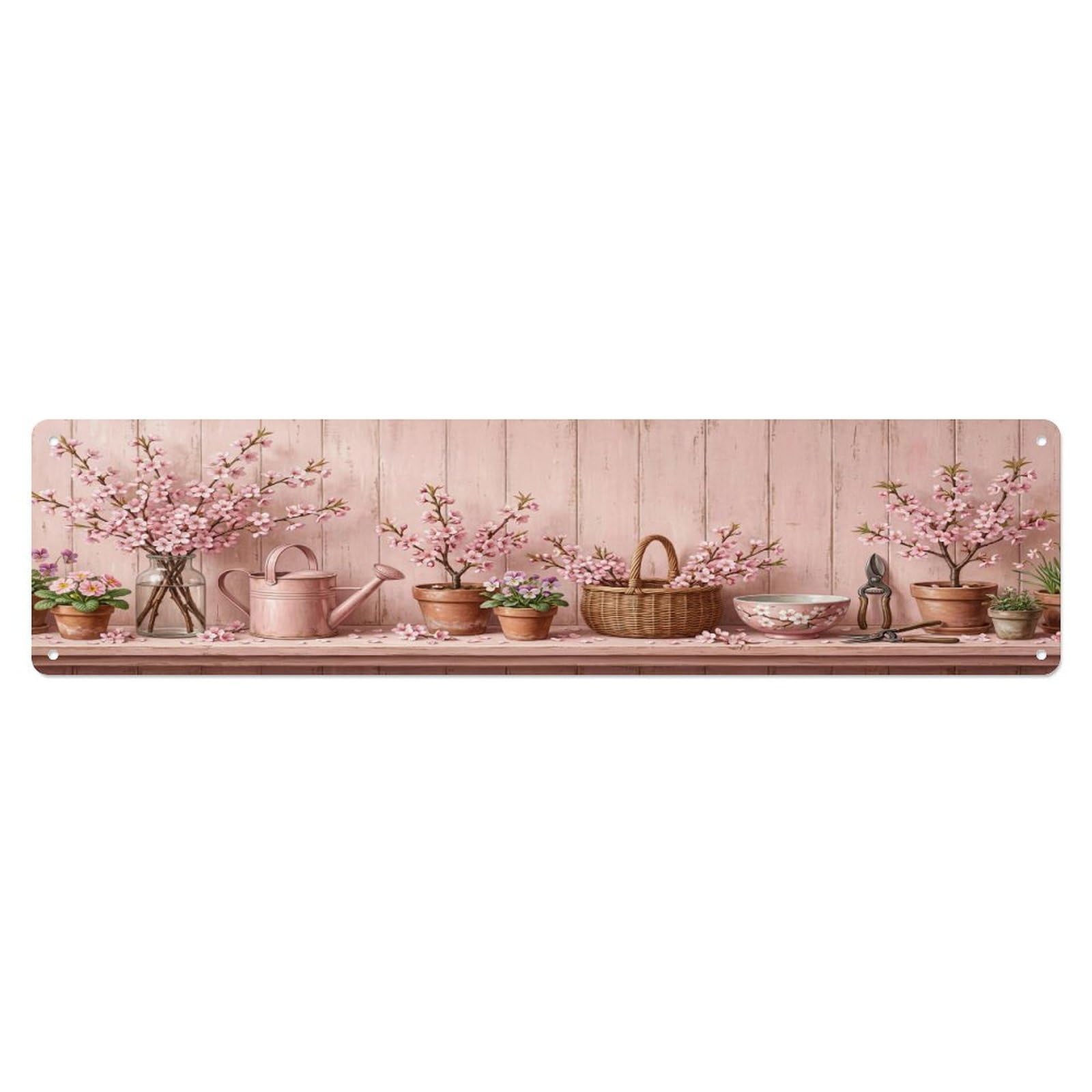 Floral Garden Tools Cherry Blossom Pattern Print Metal Tin Sign