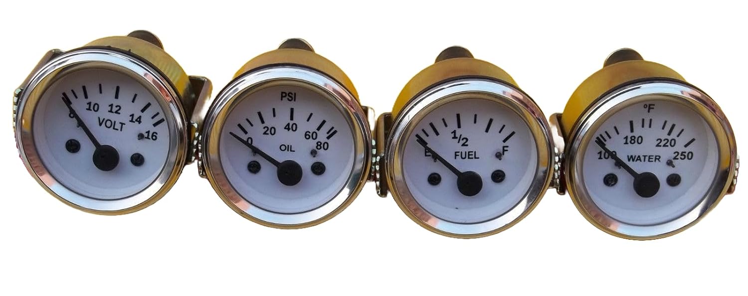 52mm 4-Piece Electrical Gauge Set: Temp, Oil Pressure, Fuel Level, Volt - White Face, Chrome Bezel, Backlit Black Needles, 12V