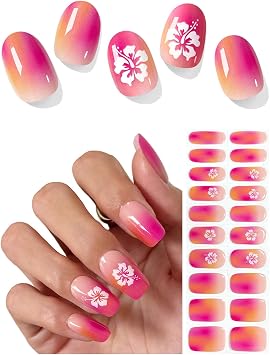 AutyaMee Semi Cured Gel Nail Strips Pink Orange Omber, 20 Pcs Summer Gel Nail Wraps, Stickers, Hibiscus, Salon Quality, Sun-Cured or UV-Cured