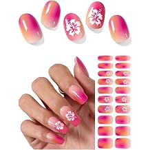 AutyaMee Semi Cured Gel Nail Strips Pink Orange Omber, 20 Pcs Summer Gel Nail Wraps, Stickers, Salon Quality, Sun-Cured or UV-Cured