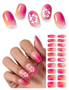 AutyaMee Semi Cured Gel Nail Strips Pink Orange Omber, 20 Pcs Summer Gel Nail Wraps, Stickers, Hibiscus, Salon Quality, Sun-Cured or UV-Cured
