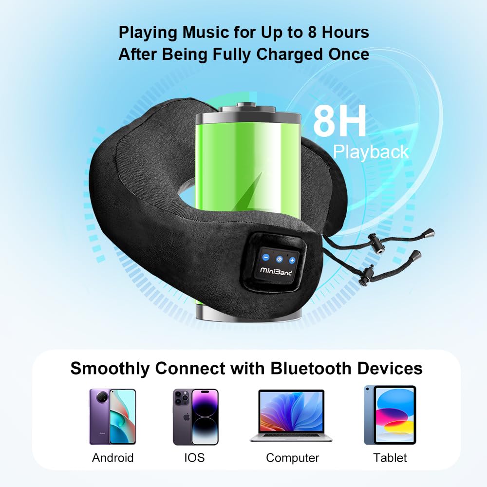 Ateupom Neck Pillow with Bluetooth Headphones Function for Travel, Travel Pillow 100% Pure Memory Foam, Airplane Pillow, Wireless Headphones with Microphone for Traveling Car Home Office Black 2