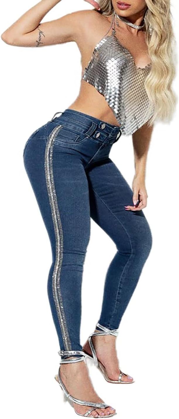 Flamingals Women's Sequin & Rhinestone Decor Dual Button Skinny Jeans High Waist Casual Pants