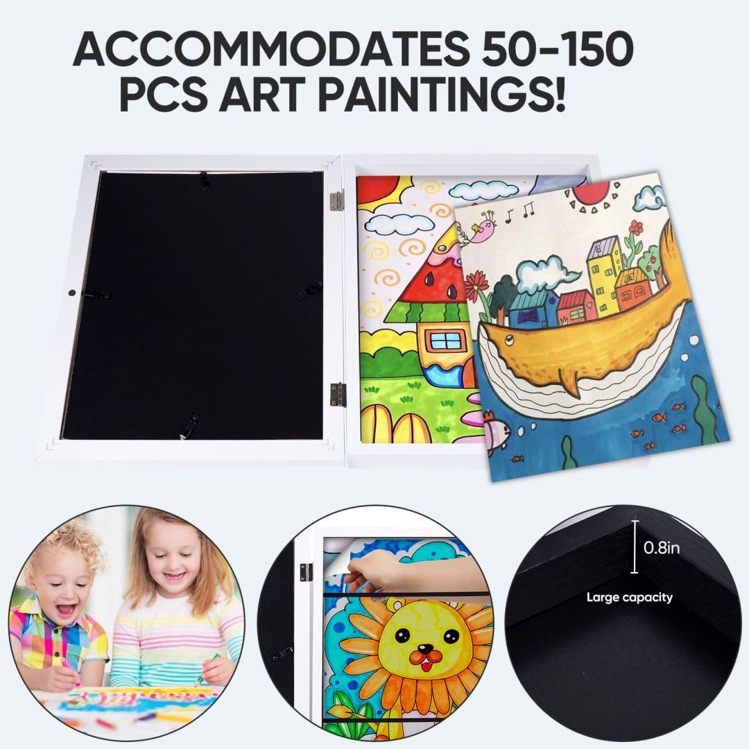 Kids Artwork Frames Changeable -Kids Art Frame,Kids Art Frames Front Opening Holds 150,Children Art Projects Kids Art Frames,8.5x11 Picture Frame for Display Kid Art Work,With Storage(White)