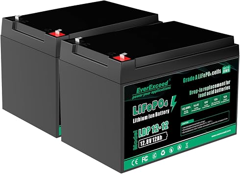 EverExceed 12V 12Ah LiFePO4 Lithium Battery Built-in 15A BMS, 12V Lithium Battery for Power Wheels, Fish Finder, Small UPS, RV, Lawn Mower, Burglar Alarm System, Solar Panel, Emergency Lighting