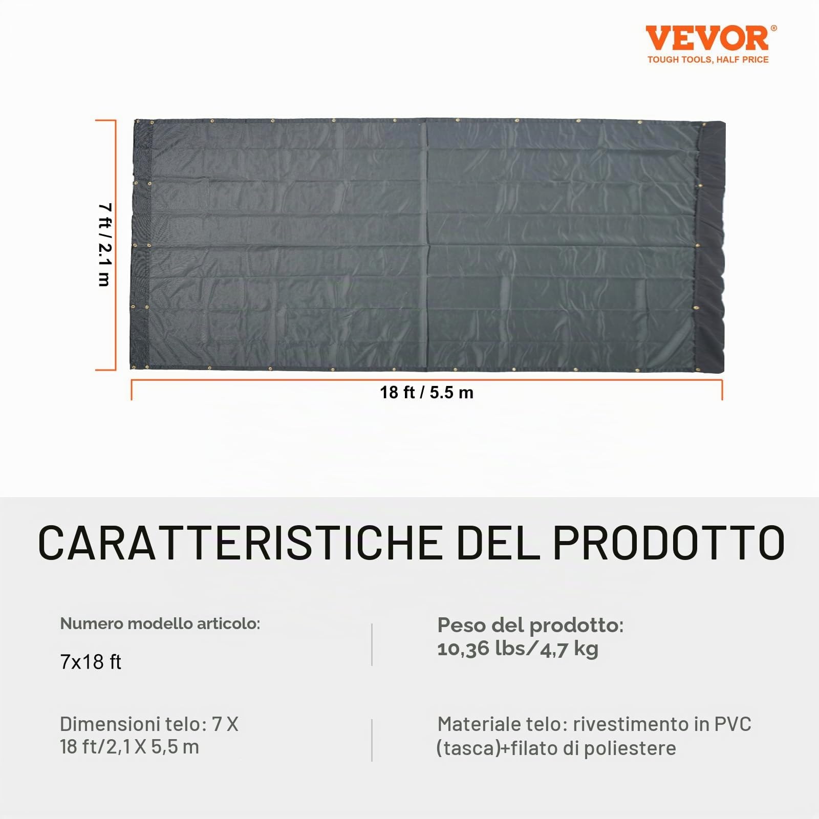 VEVOR Telo in Rete per Autocarro con Cassone Ribaltabile, 7 x 18 Piedi, Copertura Nera Resistente Rivestita in PVC con Doppia Tasca da 5,5" 18 Once, Occhielli in Ottone, Fettuccia Doppia Cucitura