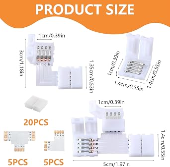 10Pcs LED Strip Light Connectors 4-Pin with 20 Pcs Connector Clips, 10mm RGB LED Strip Connector Block Solderless Gapless Adapter 5PCS T Shape+5PCS L Shape for SMD 5050 3528 RGB LED Strips(10MM, L+T) [Energy Class A]