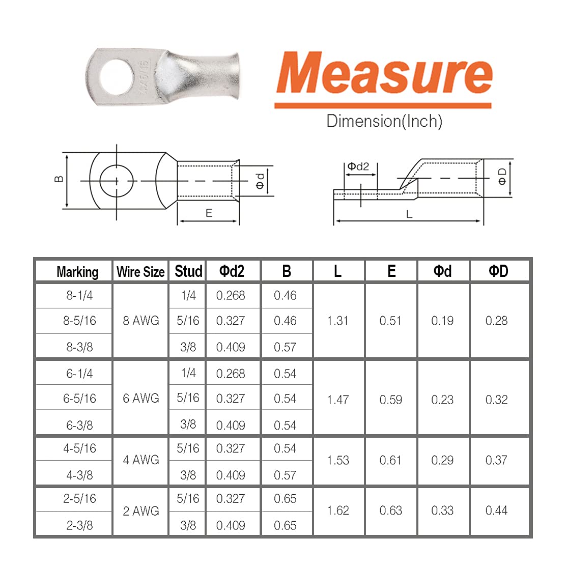 100PCS Tinned Copper Wire Lugs AWG 8 6 4 2 Gauge with Heat Shrink Tube Assortment Kit Heavy Duty Closed End Electrical Wire Cable Battery Terminal Crimp Connectors