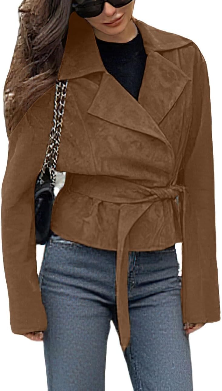 CHARTOU Faux Suede Leather Jacket 2025 Vintage Casual Cropped Wrap Coat with Belt