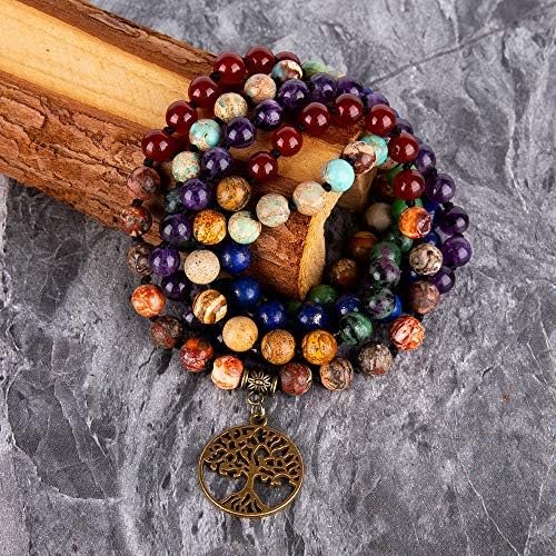 Farfume 7 Chakra 108 Mala Beads Bracelet Real Healing Gemstone Yoga Meditation Hand Knotted Mala Prayer Bead Necklace