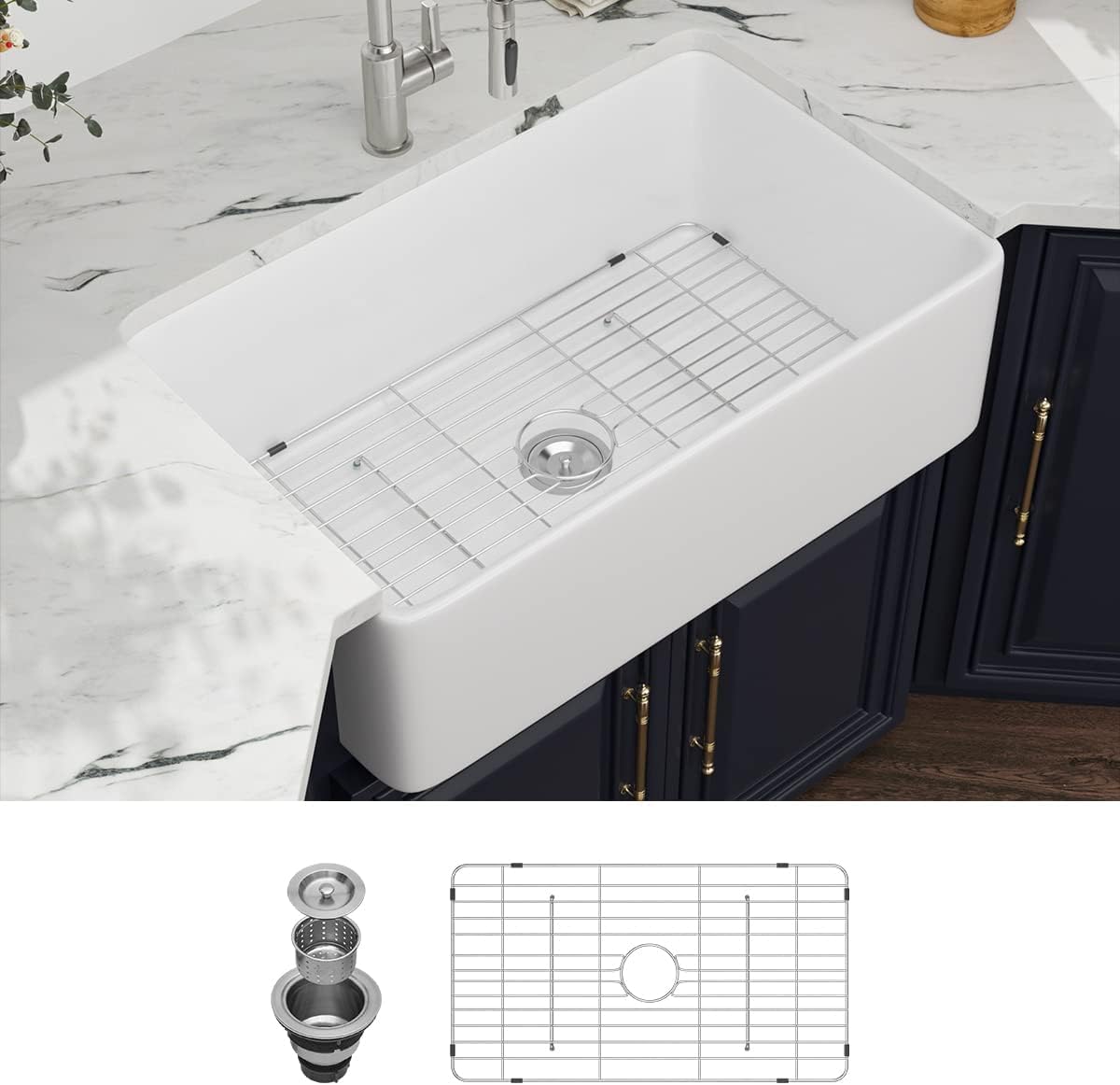 30 Farm Sink White – Kichae 76 x 50 x 22 cm Lavello da cucina rustico grembiule piatto anteriore bianco ceramica porcellana refrattaria vasca singola rettangolare bacino agricolo