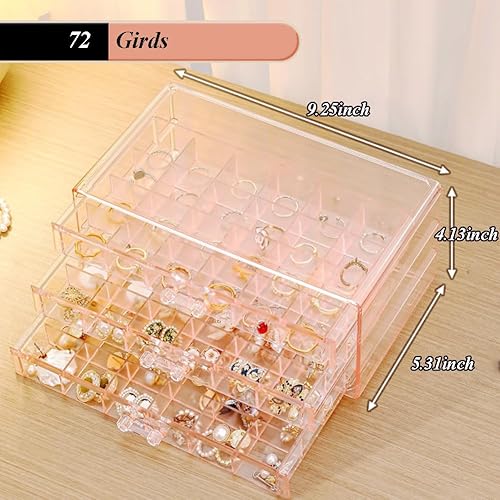 Miniatura 5 de LOARNIEA Caja organizadora de aretes, organizador de joyas apilable de acrílico con 3 cajones, 72 compartimentos pequeños, soporte transparente de