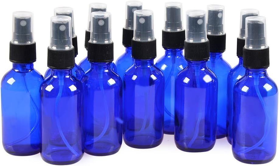 12 Pack,2oz Blue Glass Bottle Bottles with Black Fine Mist Sprayer.Refillable & Reusable.Designed for Essential Oils, Perfumes,Cleaning Products,Aromatherapy.12 Chalk Labels as gift.