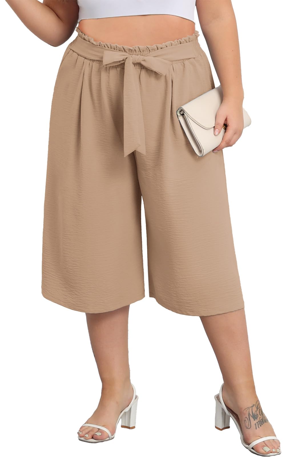 Lastshe Womens Plus Size Cropped Wide-Leg Pants Lightweight High Waisted Adjustable Tie Knot Casual Trousers Pants