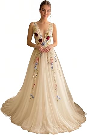Women Boho Wedding Dress V?Neck Sleeveless Colorful Floral Embroidery A?Line Tulle Bridal Gown with Lace?Up Back Train