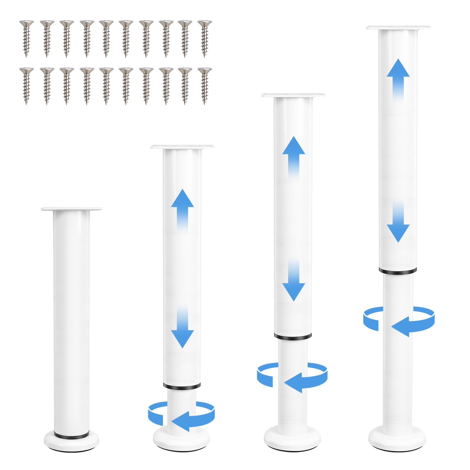 4 Patas para Muebles Blancas de Acero, Patas Ajustables para Muebles de Sofá, Cama, Armario, Zapatero y Baño, Carga 300kg, Cuadradas con Base ABS Antideslizante, 20 Tornillos (25-42cm)