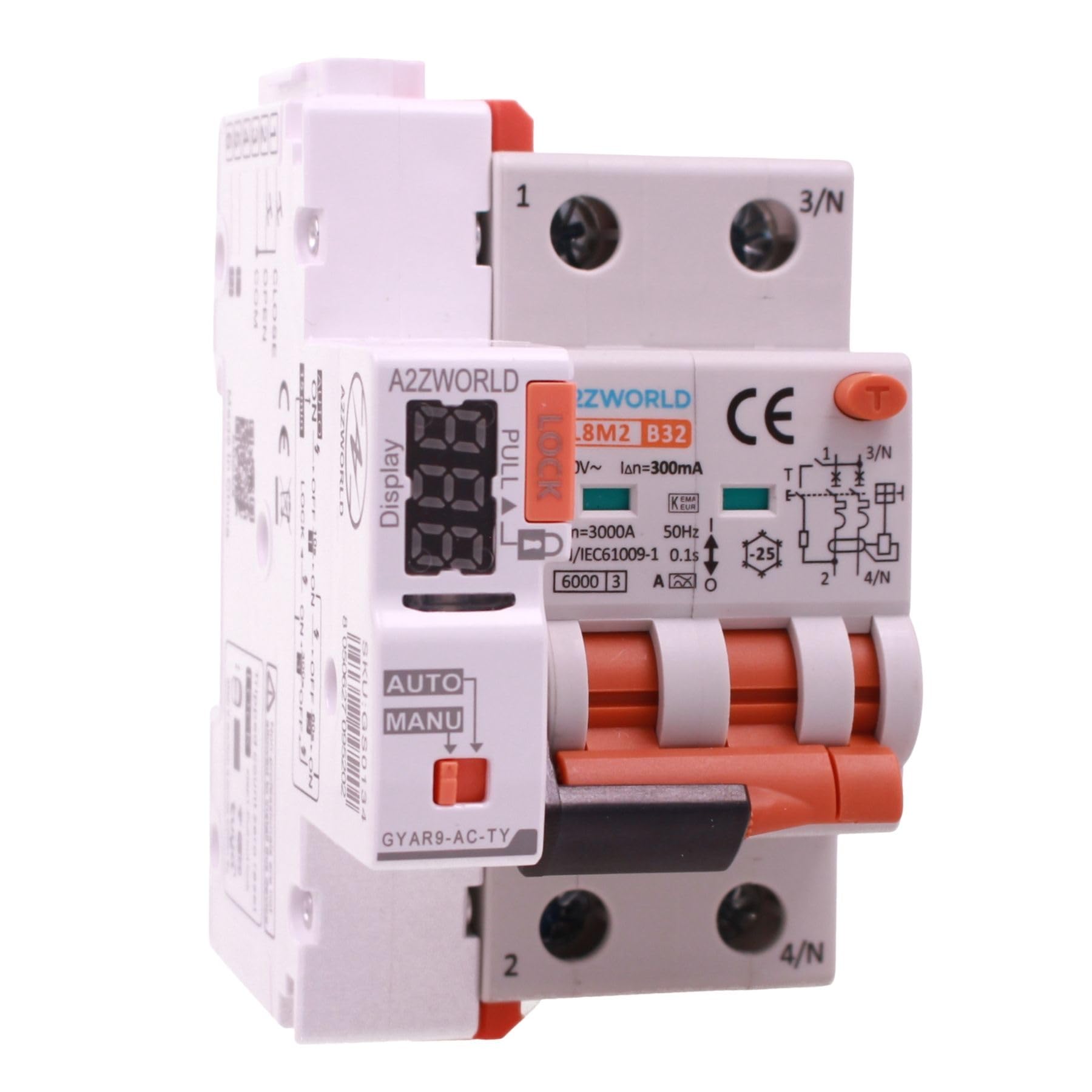 Interruttore Magnetotermico Differenziale WIFI Riarmo Automatico, RCBO Tipo A Curva B, Idn 300mA / 0.3A, In 32A, APP Tuya Smart Life, 2P Veri 6kA, 3 Moduli, Controllo Remote e Manuale