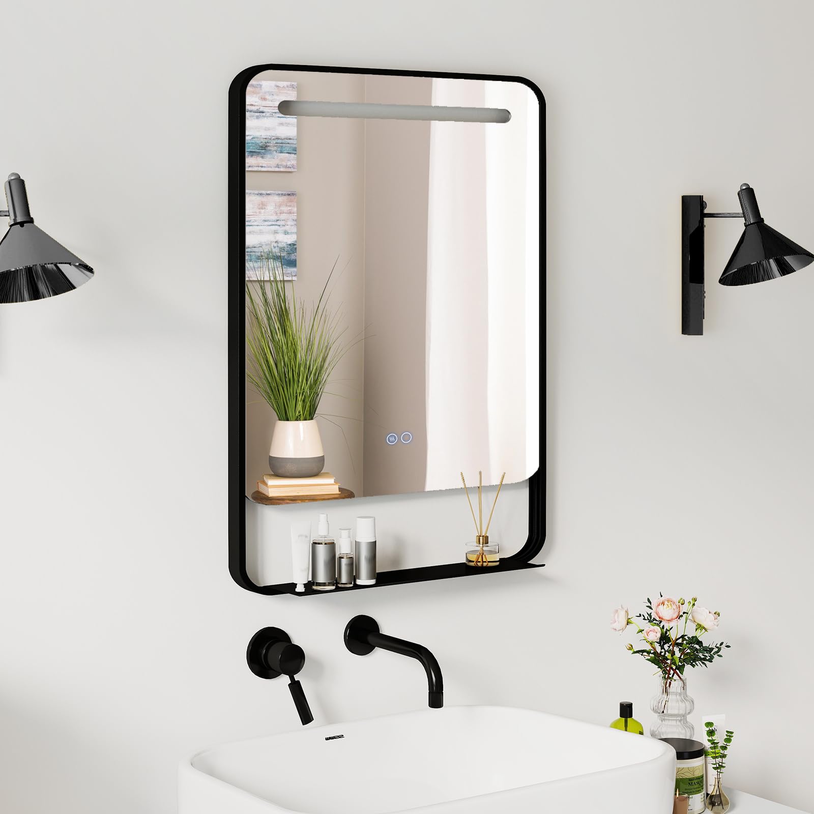 COSTWAY Specchio da Bagno LED 80 x 60 cm con Mensola, Specchio da Trucco con Cornice in Alluminio, Funzione Antiappannamento, 3 Colori di Luce e Luminosità Regolabile, Specchio da Parete
