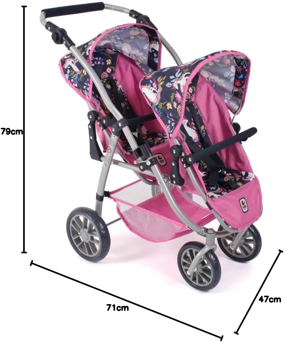 Bayer Chic 2000 Vario Doll's Pram, Twin Buggy for Two Dolls, Tandem Doll's Pram for Children from 4 to 8 Years, Unicorn, Navy Pink, 689-43