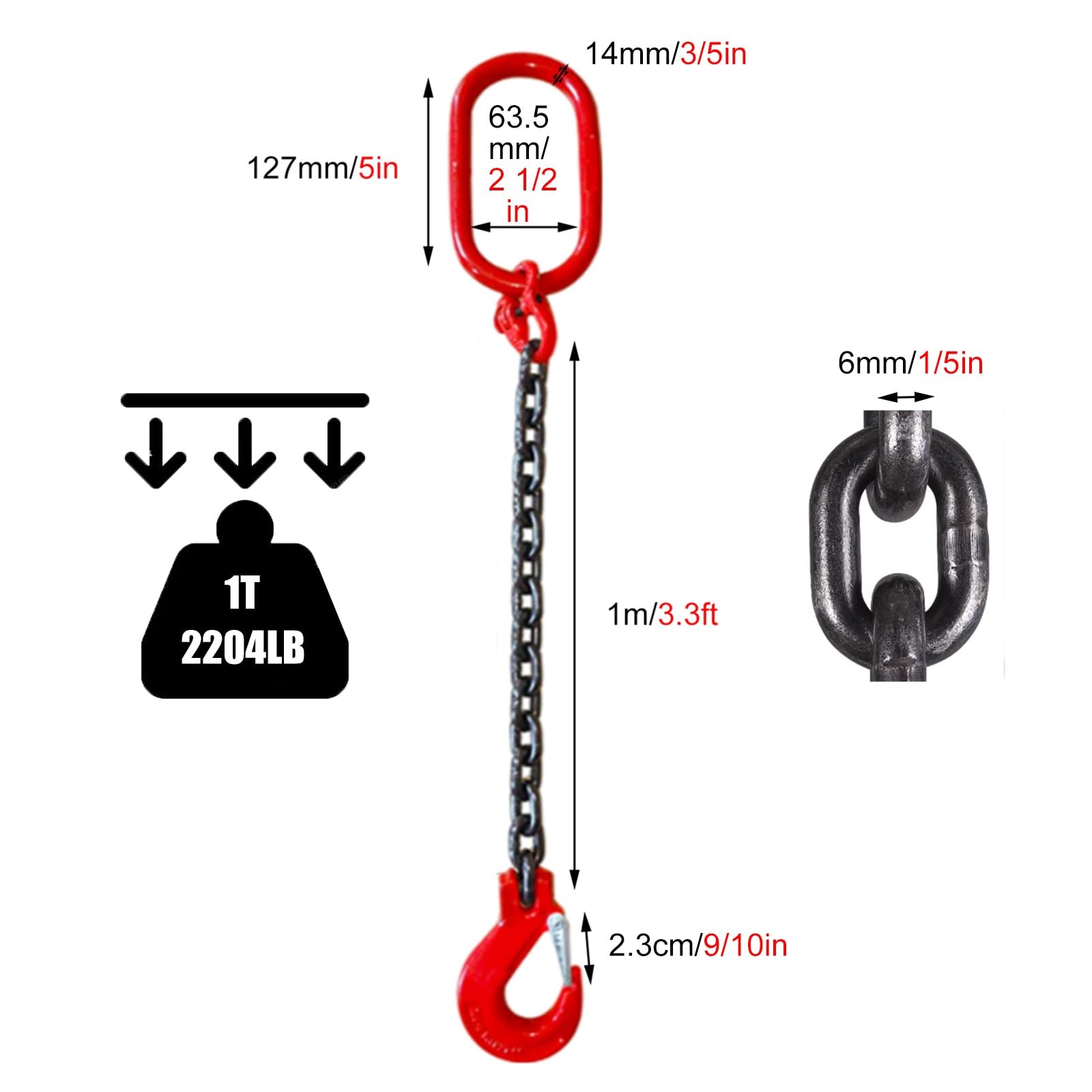 Chain Slings for Lifting/Engine/Forklift Hoist Crane, 1 2 3 5 8 11 Ton Lifting Chains with Hooks Single, Alloy Steel Lifting Chain for Cargo Security Towing(1 Ton 1 M 1 Hook)
