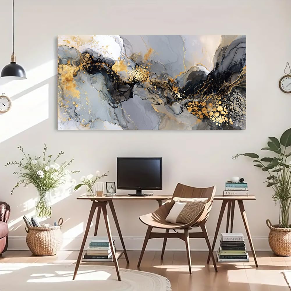 Cuadro de lujo en lienzo dorado, láminas abstractas con olas, arte mural moderno para el hogar, póster de arte clásico para sala de estar (35x70cm/marco interno)