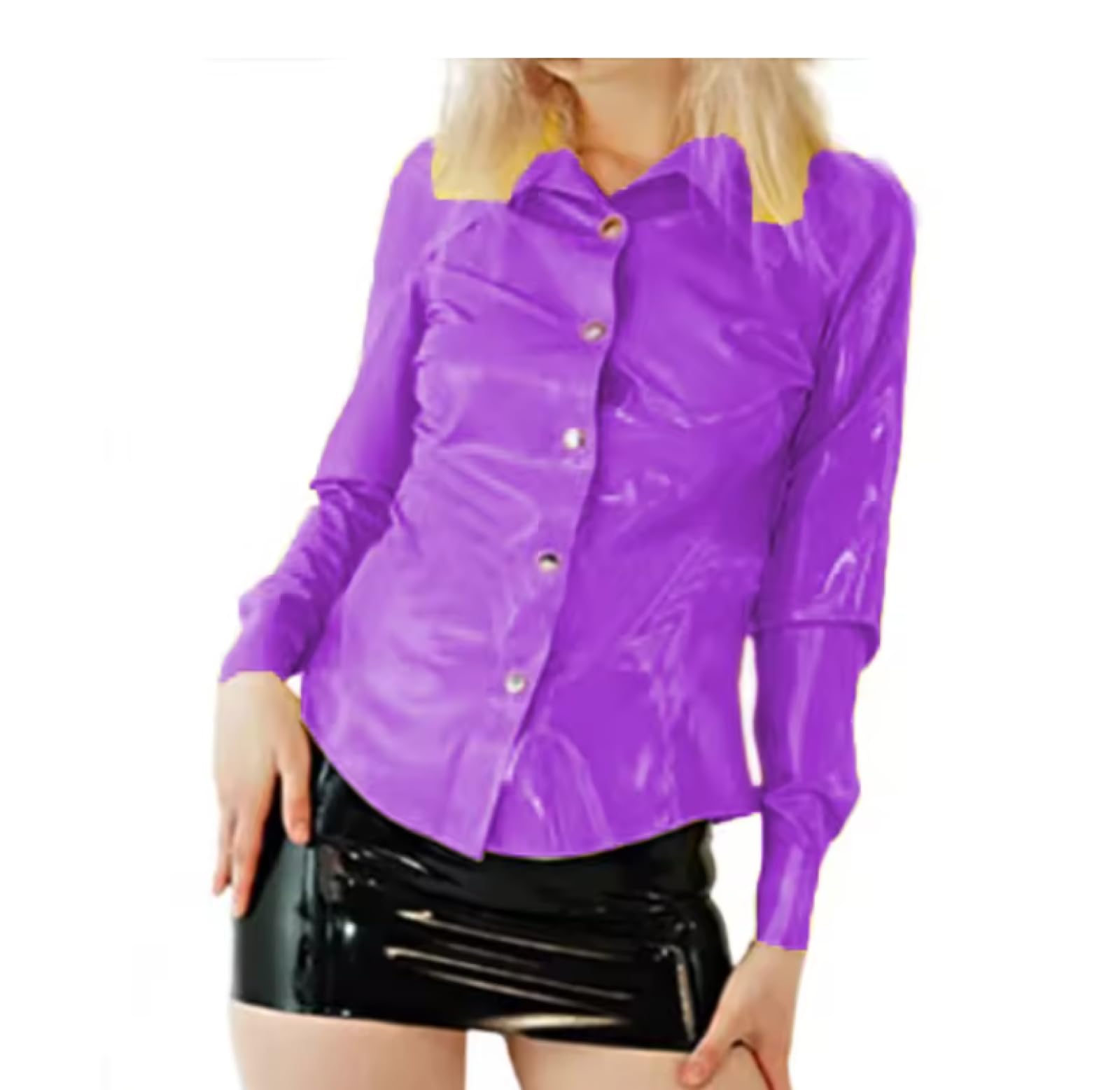 Damen Button Up PVC Lederhemden Langarm Tops Bluse Büroarbeit