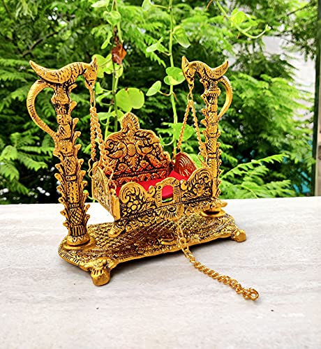 Image of Wonder Care | Jhula Statue Sculpted in Great Detail in Ivory Antique Golden Finish - Laddu Gopal | Home Decor | Mandir | Gift | Hindu God