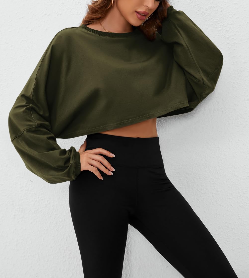 Meladyan Women Long Sleeve Crewneck Crop Top Tee Shirt Sweatshirt Casual Solid Loose Fit Workout Cropped Pullover Tshirt - Image 7