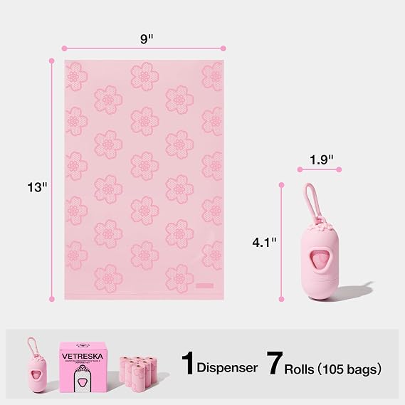 VETRESKA Dog Poop Bag Dispenser with Cherry Blossom Scented & Daisy Scented Bags Pet Waste Bag Dispenser
