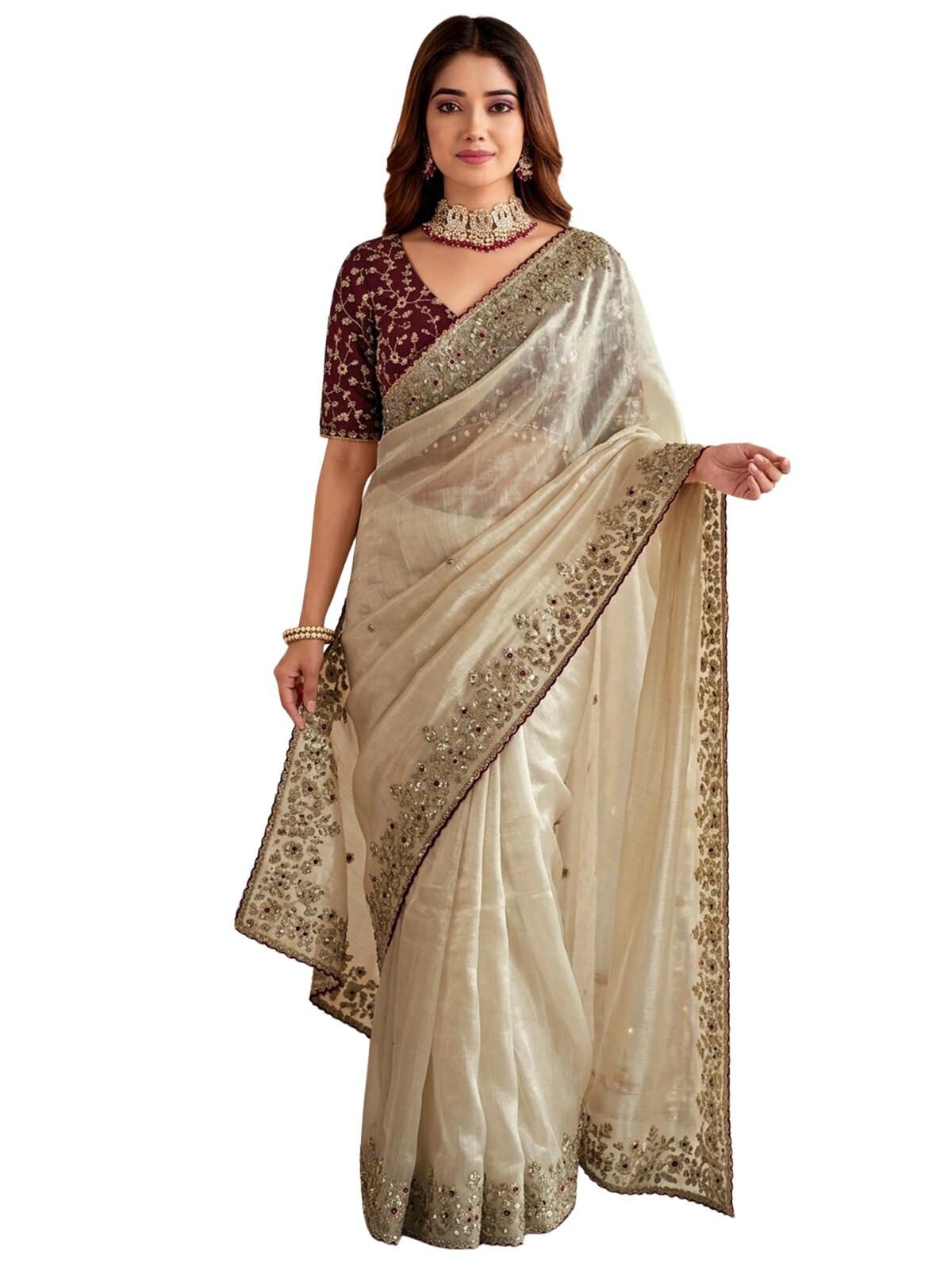 satrani Women's Sequins Embroidered Tissue Silk Saree with Unstitched Blouse-picture-27
