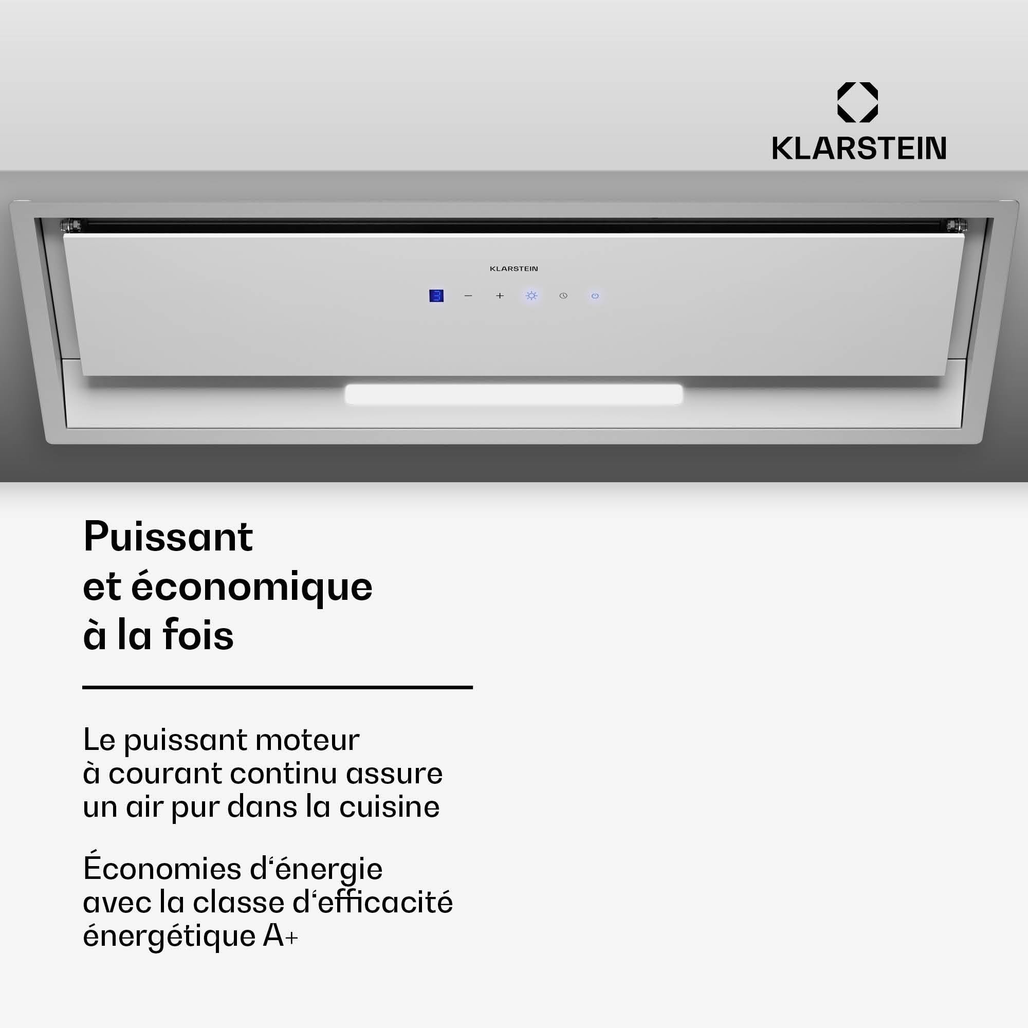 Klarstein Ventimate Hotte à Tiroir, 85cm Hotte Cuisine Aspirante avec Commande Tactile, 390 m³/h, Efficacité Énergétique A+, Moteur Silencieux, Éclairage LED, Filtre à Charbon, Blanc