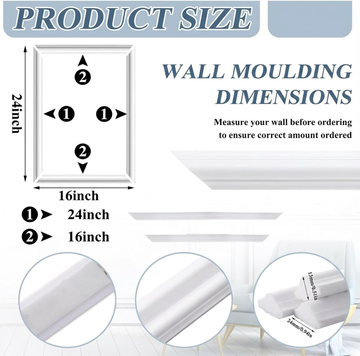 Colingmill 6 Set Accent Peel and Stick Wall Molding Kit Premade Wainscoting Panels Wall Molding Panel White Pre Cut Trim for Walls Picture Frame Decor for Home Decoration (16 x 24 Inch)